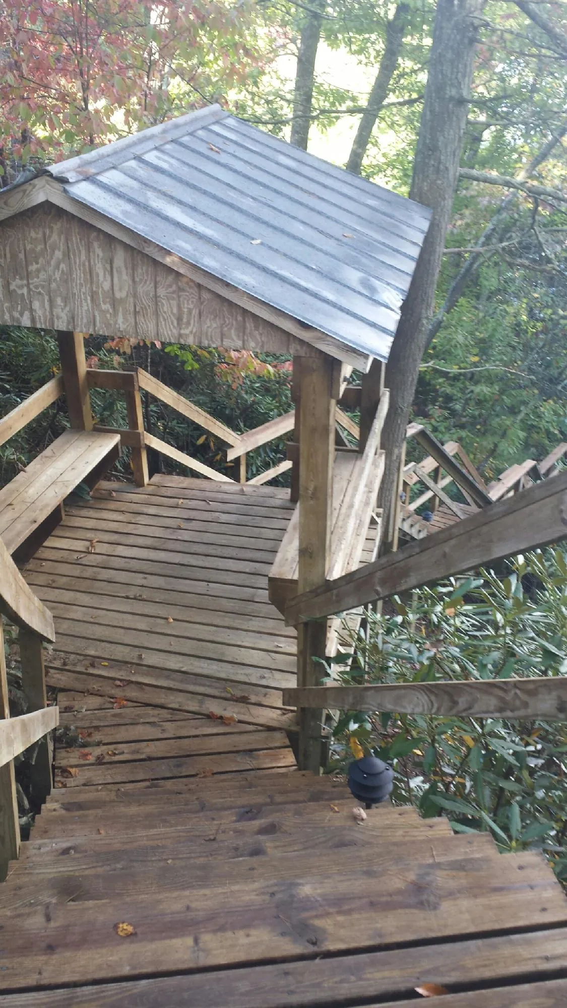 Metal roofed shelter over wooden steps on a wooded walkway — Skylight Repair & Installation work by our crew in Rollinsville